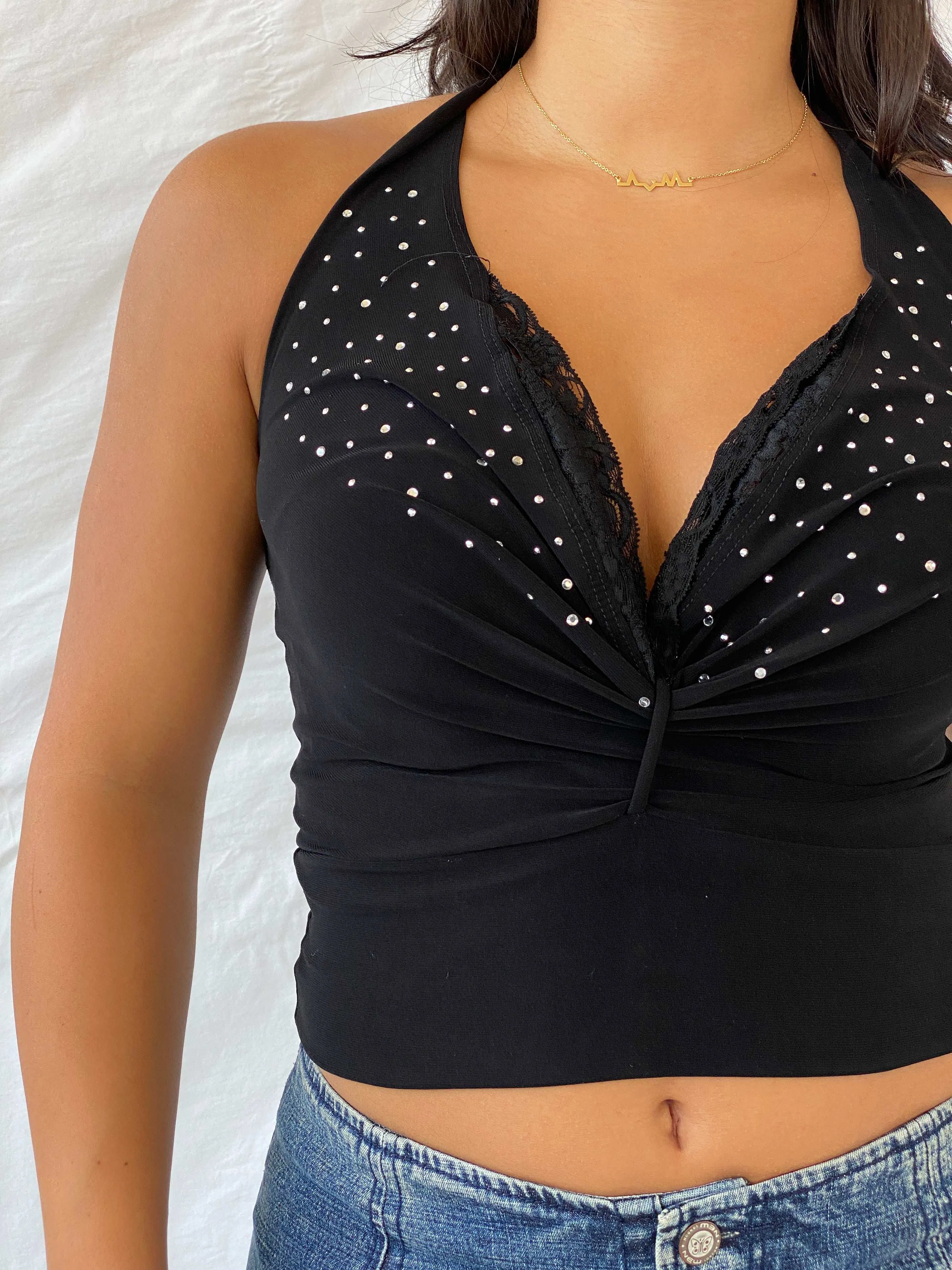 00s USA VIZIO Beaded Black Halter Top With Lace Details - S