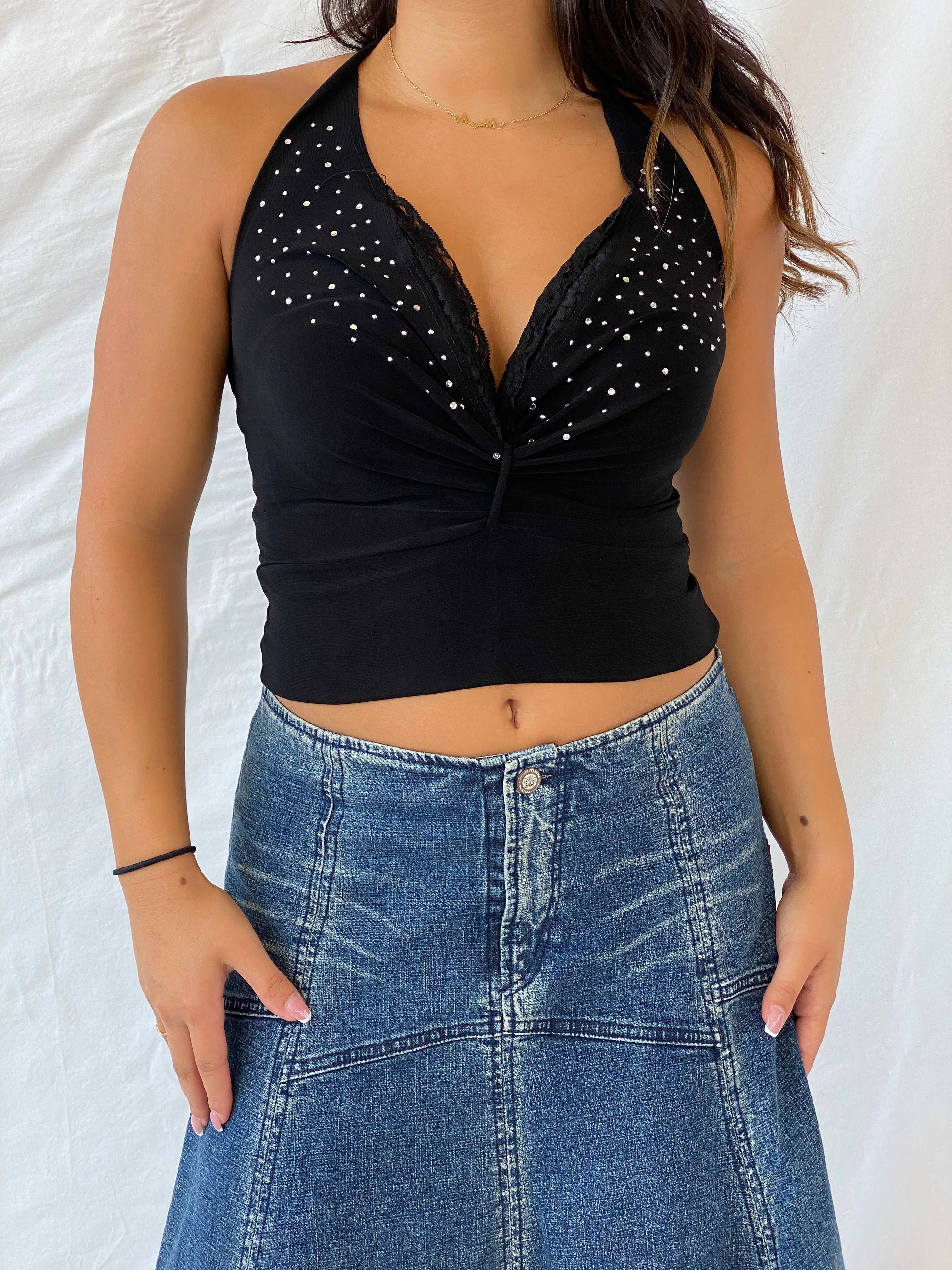 00s USA VIZIO Beaded Black Halter Top With Lace Details - S