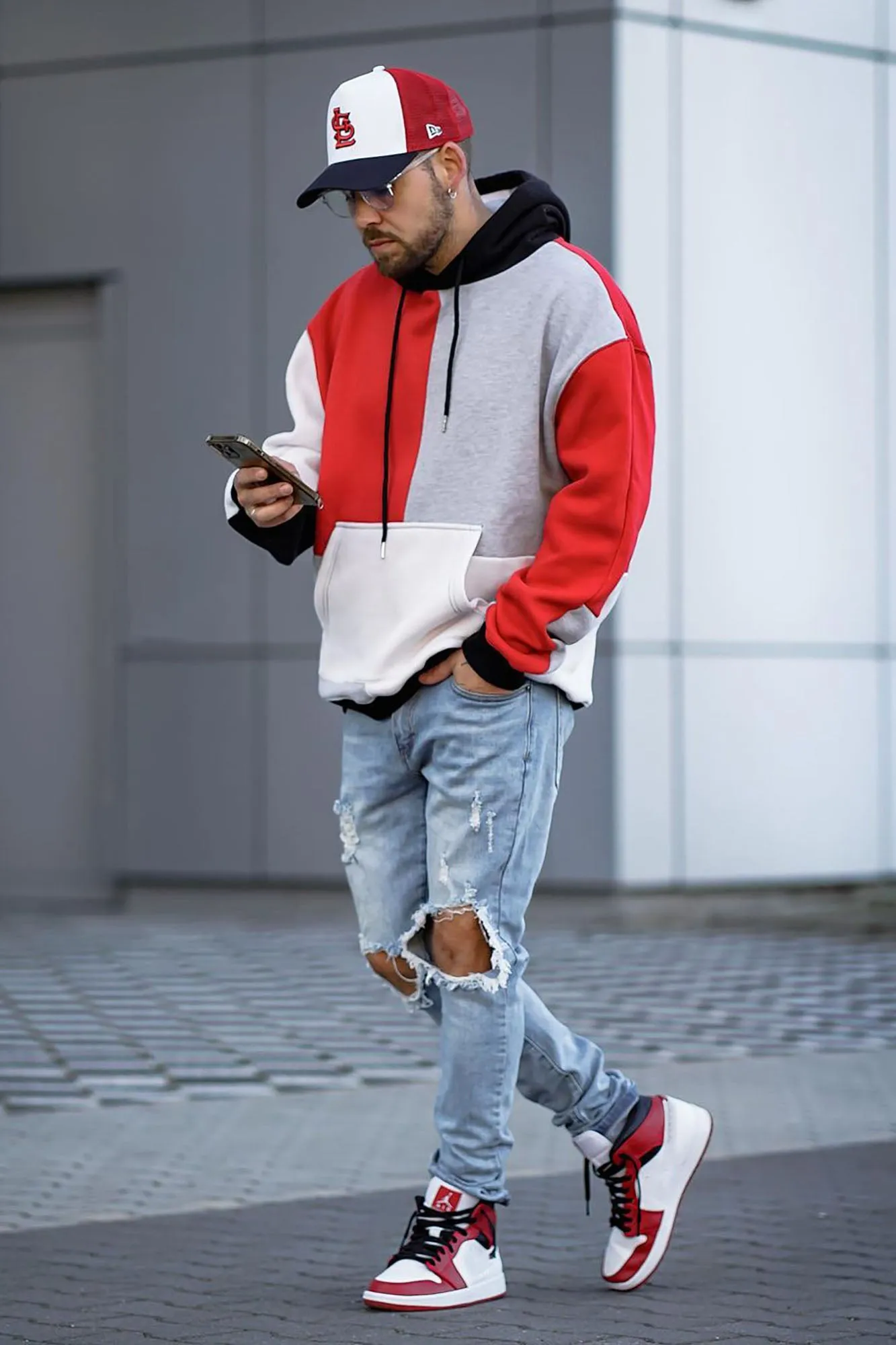 80's Color Block Hoodie - Red/Combo