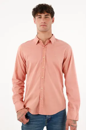 Camisa de tela oxford manga larga rosada para hombre