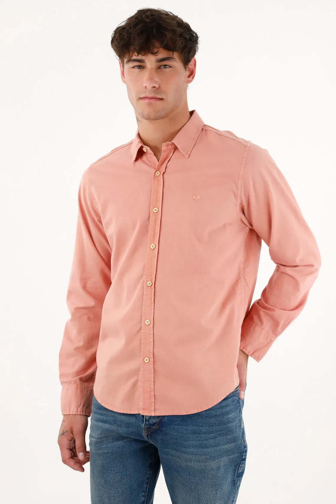 Camisa de tela oxford manga larga rosada para hombre