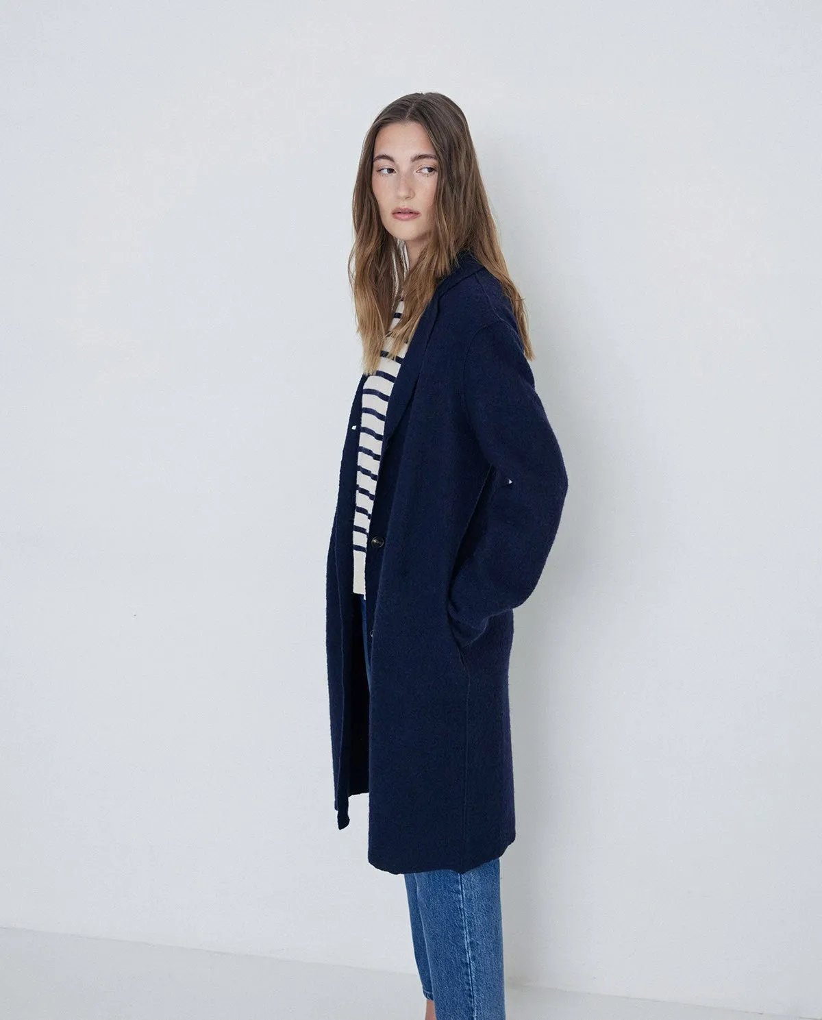 Cappotto lungo in lana blu navy