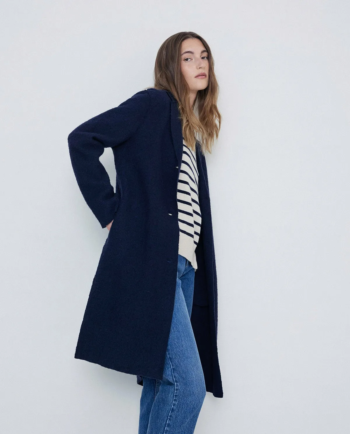 Cappotto lungo in lana blu navy