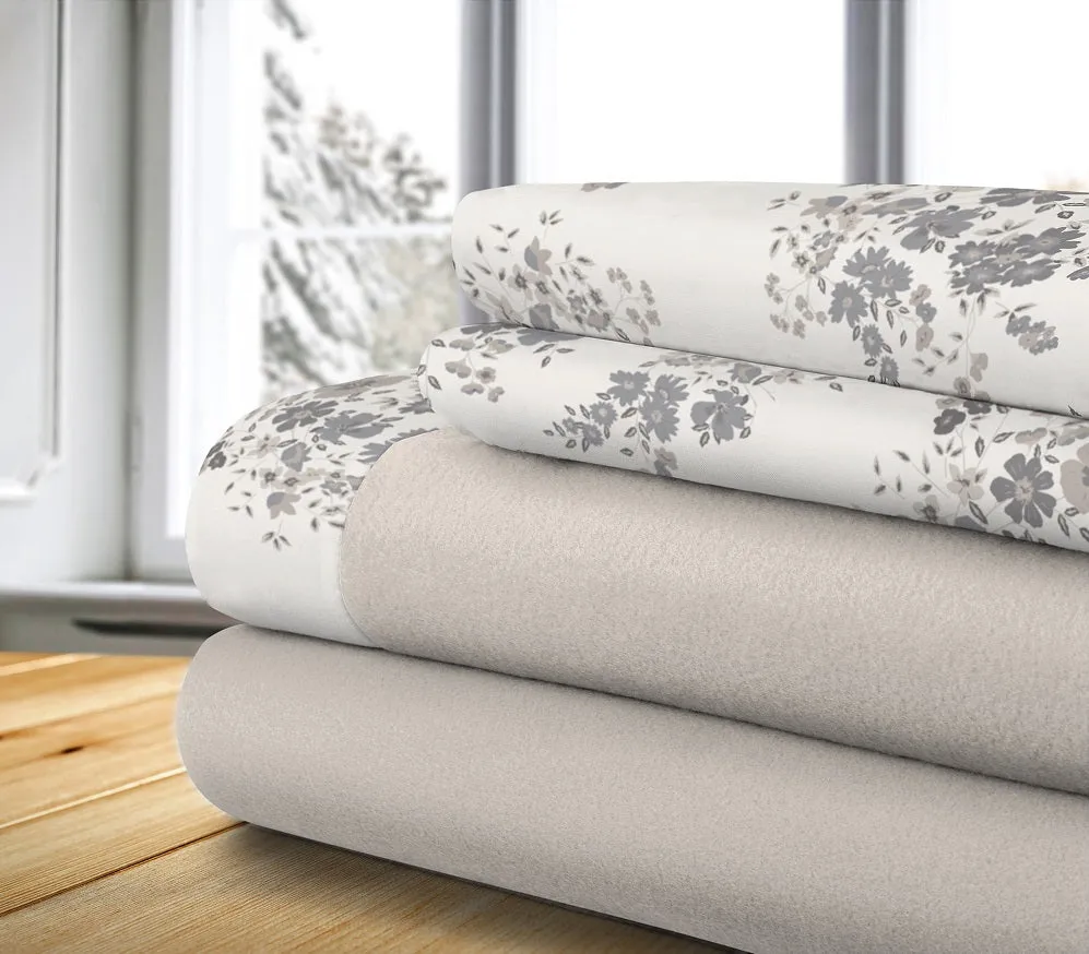 Ensemble de draps santé king taupe imprimé fleurs grises