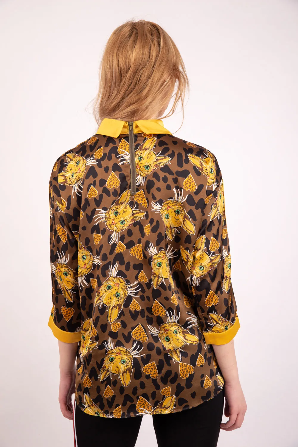 Oversized Cat Print Collared Blouse Top