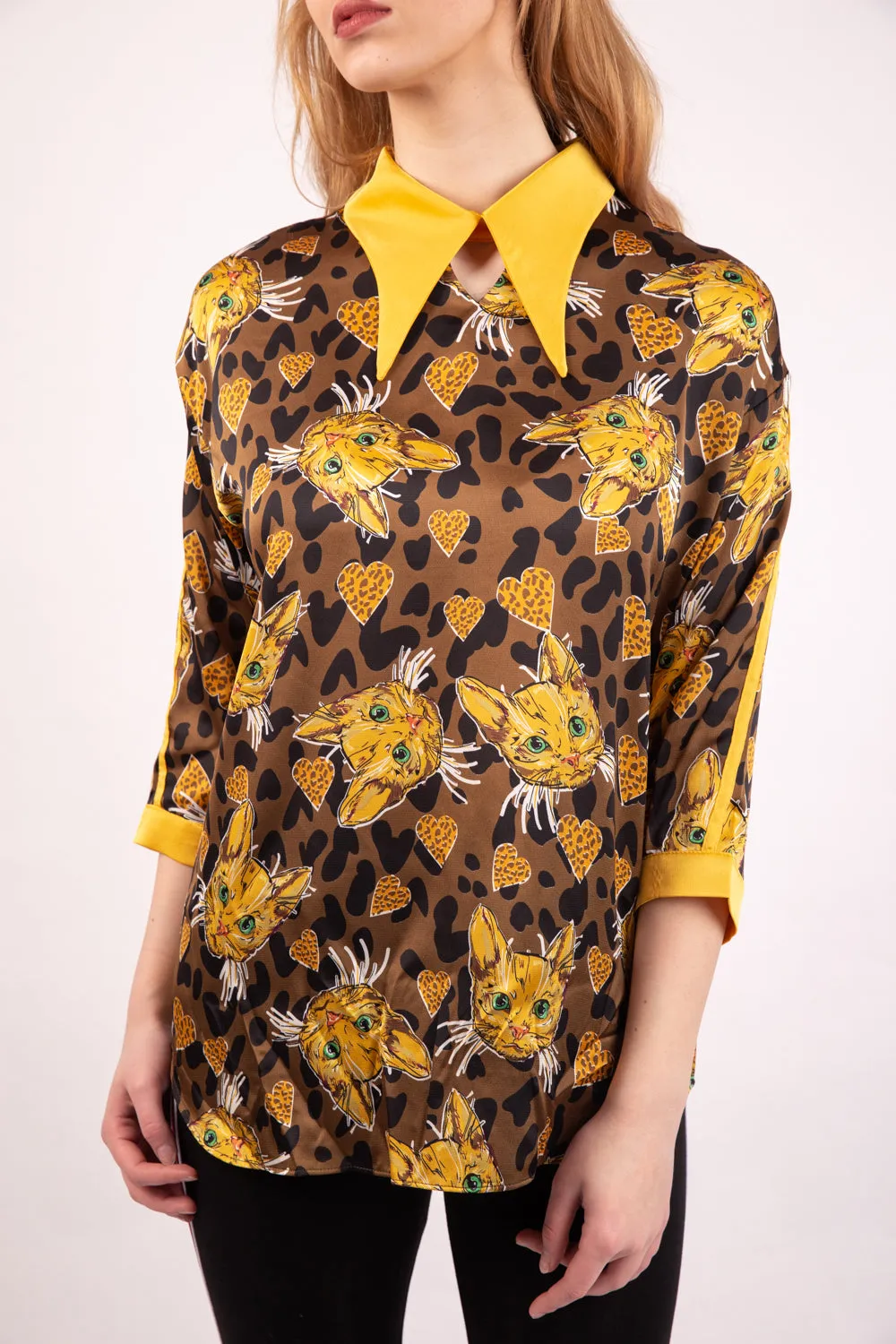 Oversized Cat Print Collared Blouse Top