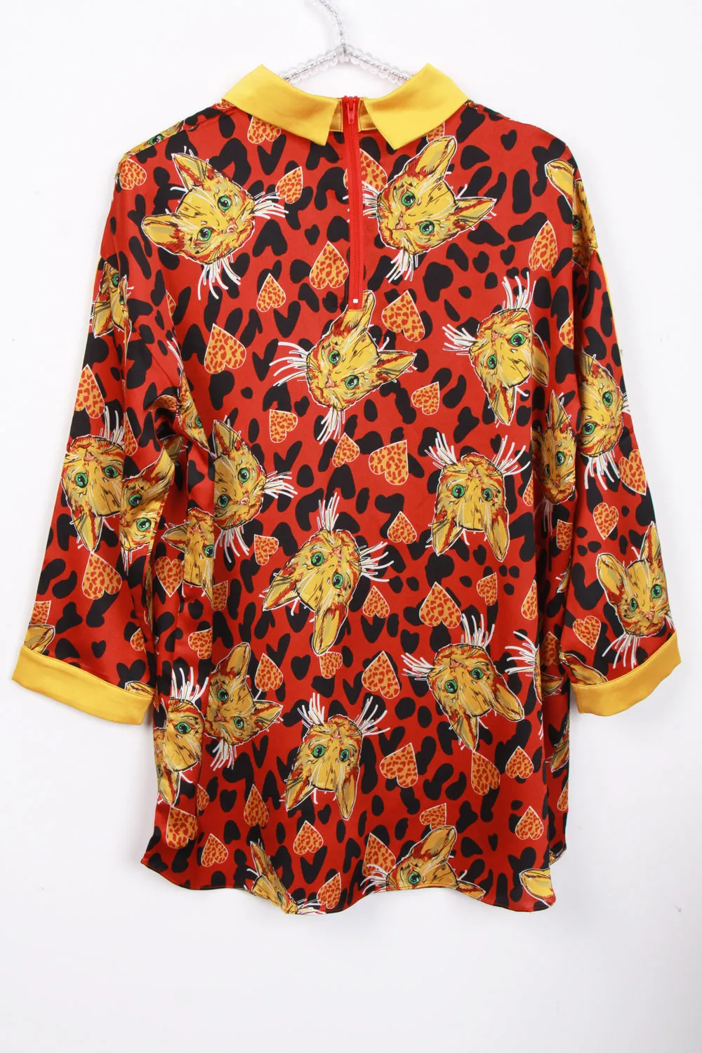 Oversized Cat Print Collared Blouse Top