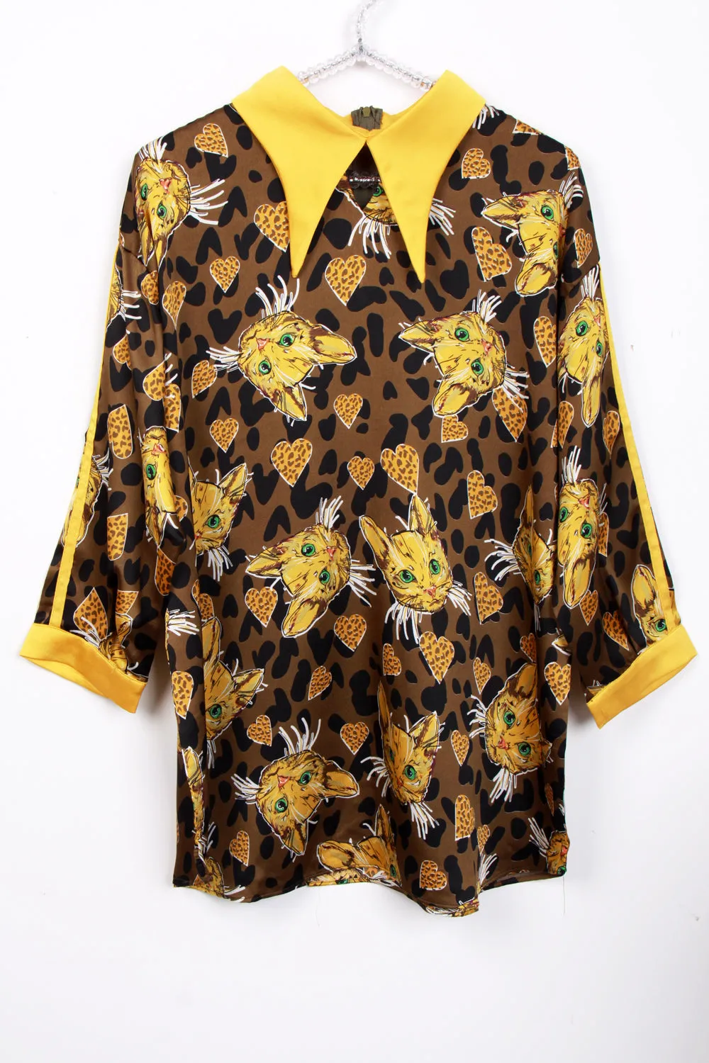 Oversized Cat Print Collared Blouse Top