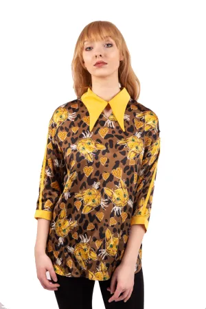 Oversized Cat Print Collared Blouse Top