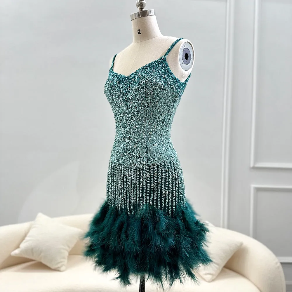 Chic Feather-Embellished Short Party Dress - Exclusive Design