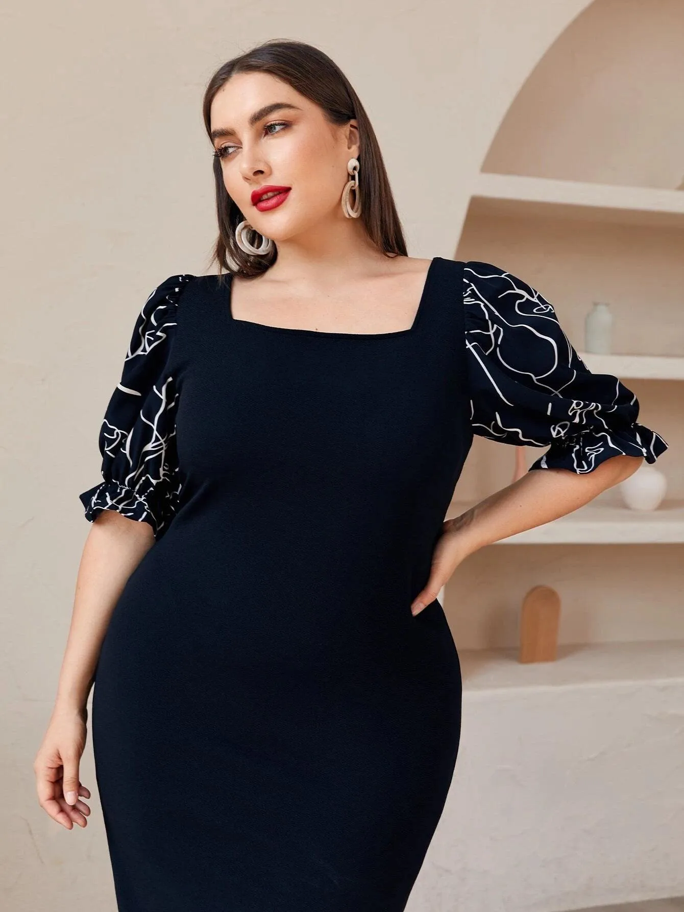 Vestidos Midi Com Maga Em Abstrata Plus Size - Yasmin