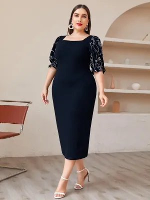 Vestidos Midi Com Maga Em Abstrata Plus Size - Yasmin